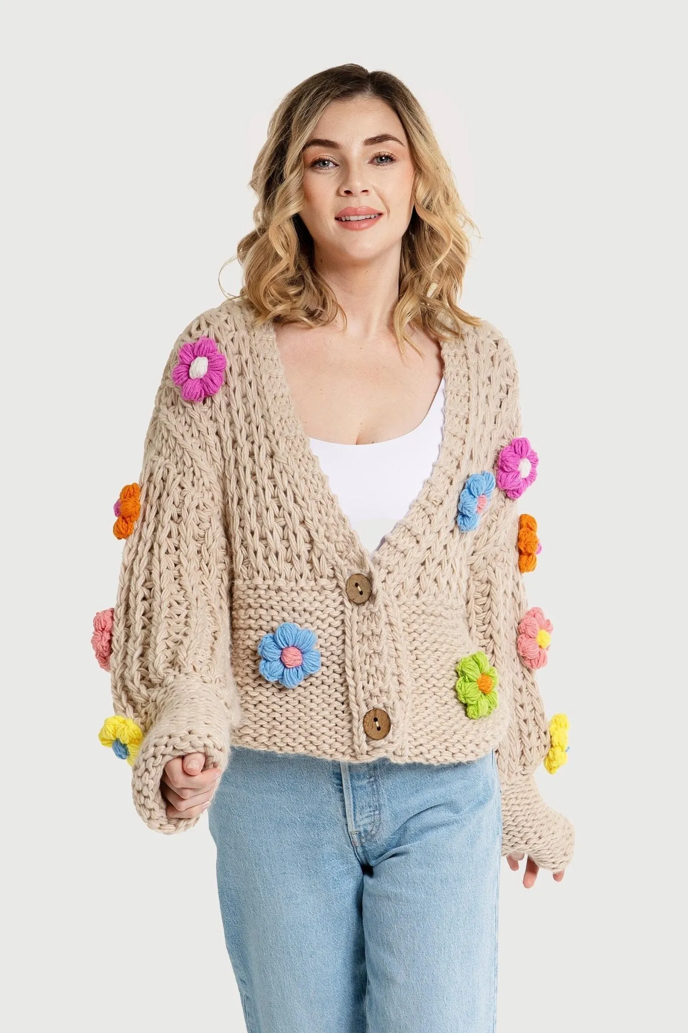 Appliqu Knit Floral Cardigan With Buttons