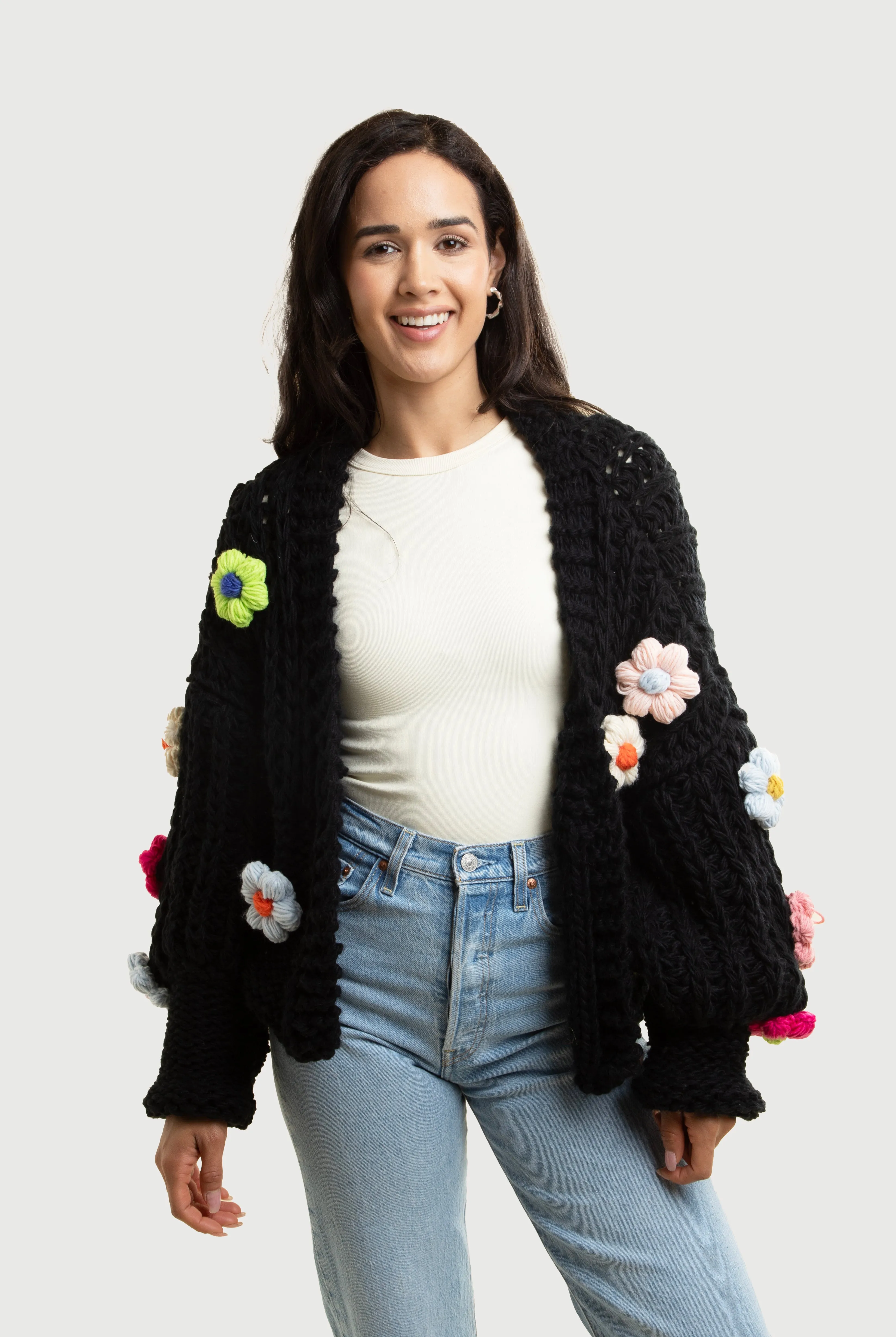 Appliqu Knit Floral Cardigan With Buttons