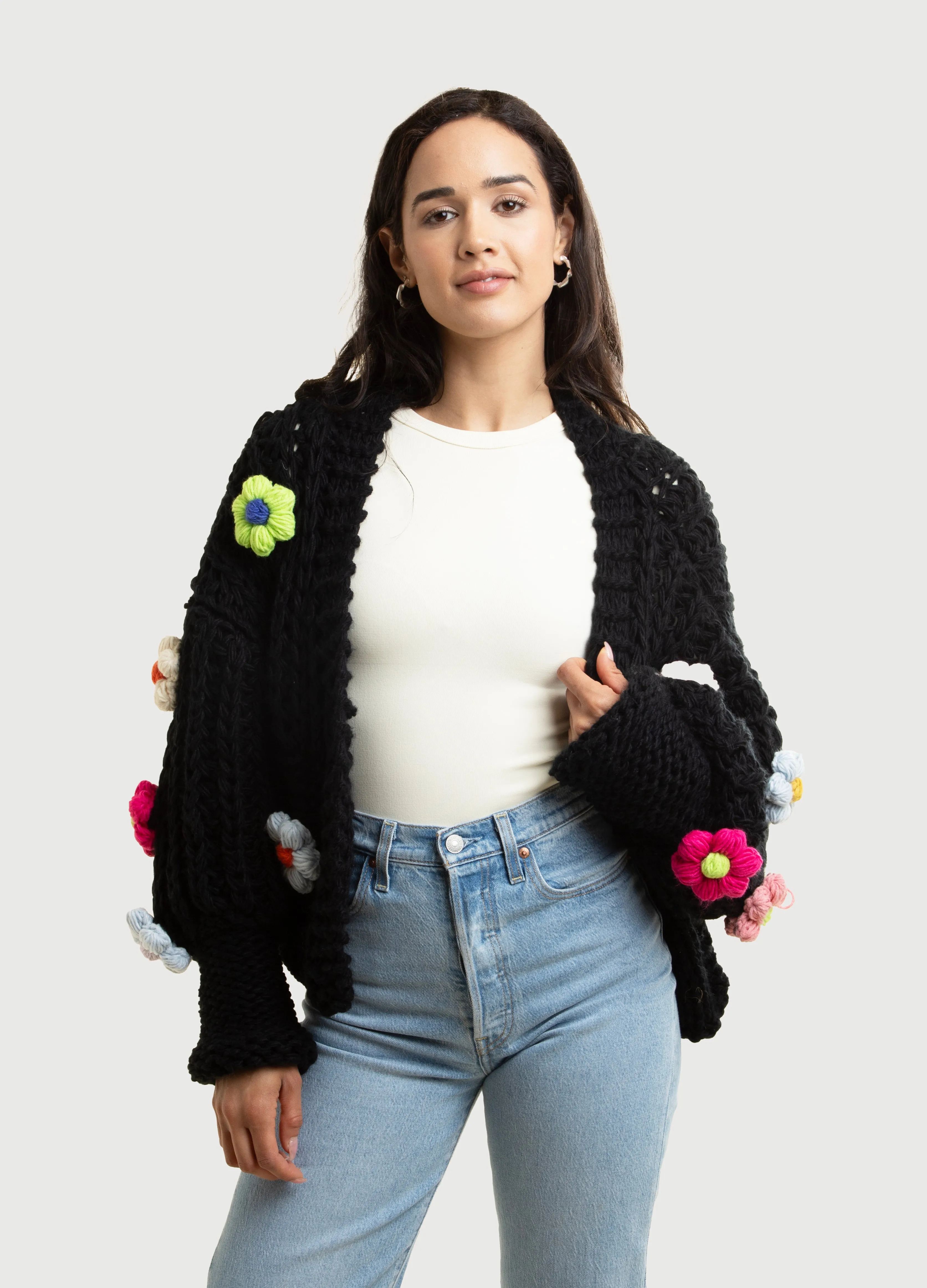 Appliqu Knit Floral Cardigan With Buttons
