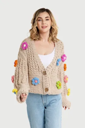 Appliqu Knit Floral Cardigan With Buttons