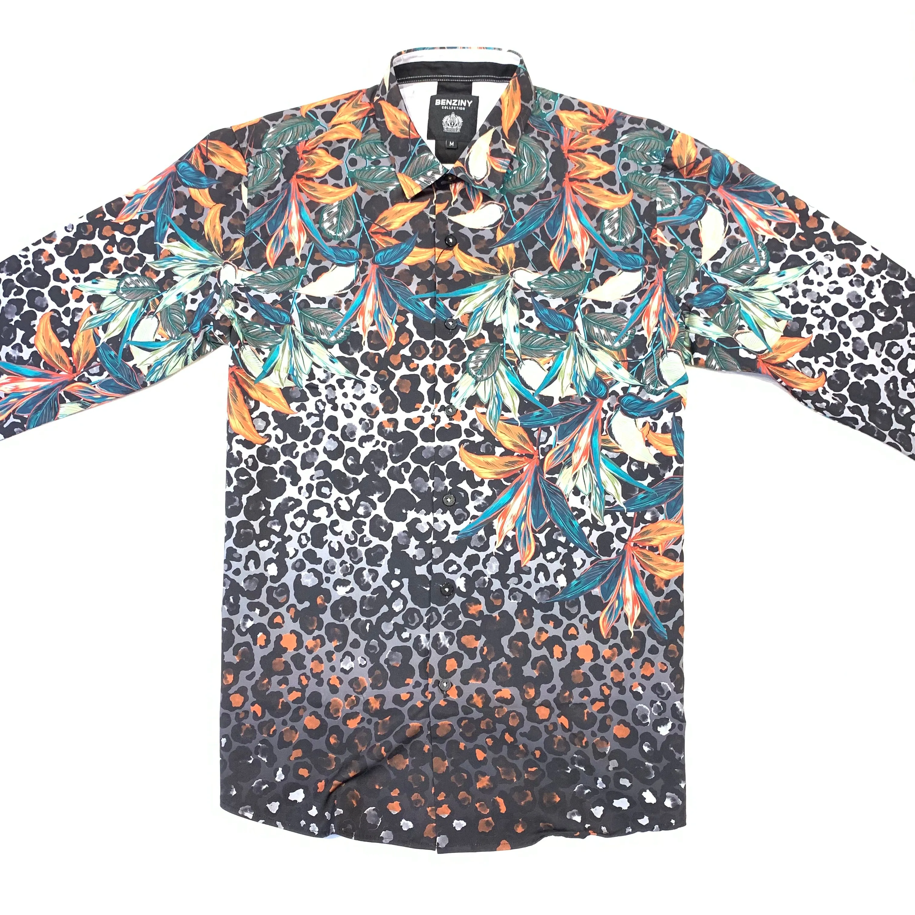 BENZINY Men's Grey/Orange Leaf Button Shirts