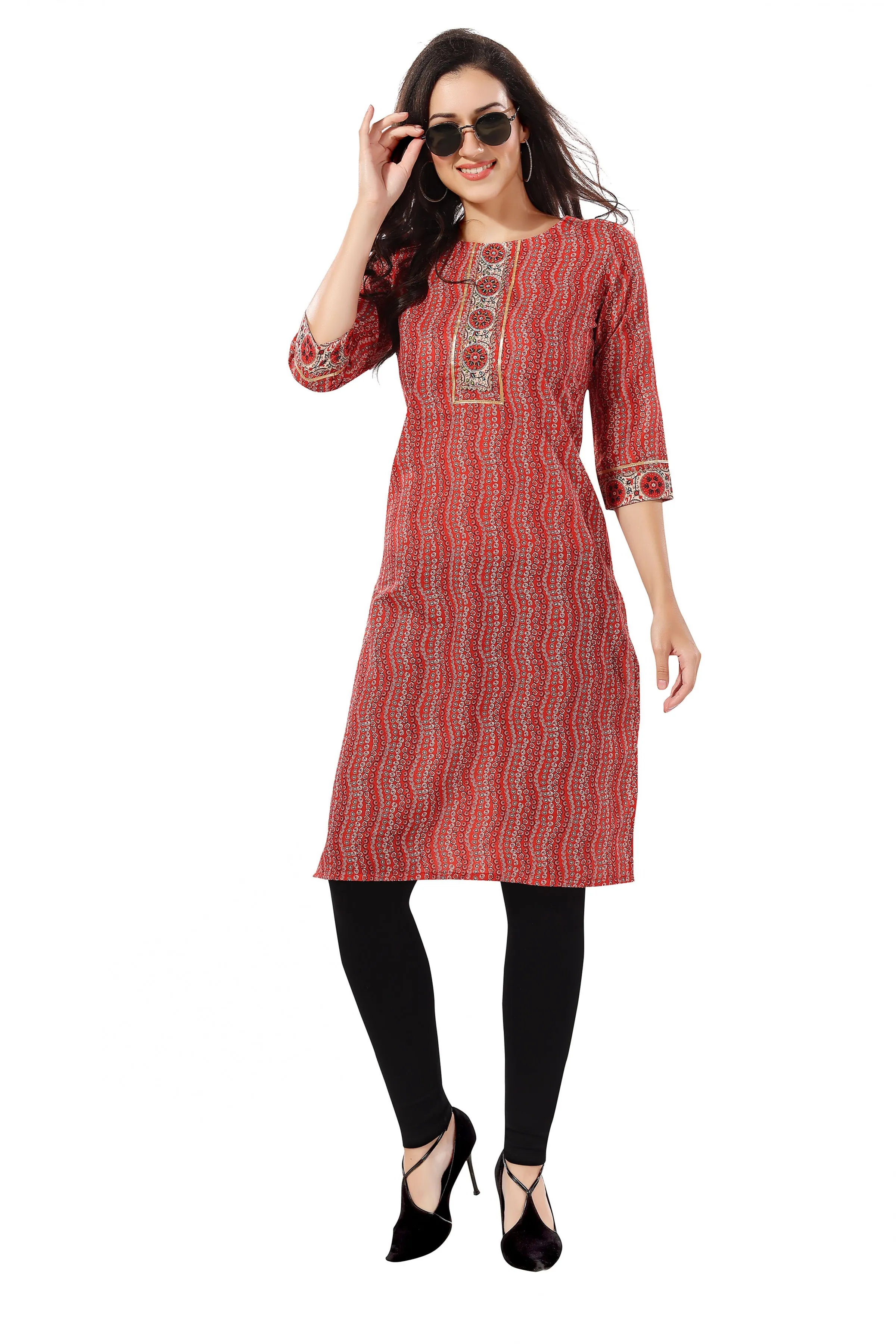 Elevate Your Workwear Style with the Red Cotton Printed Long Tunic (D1098)