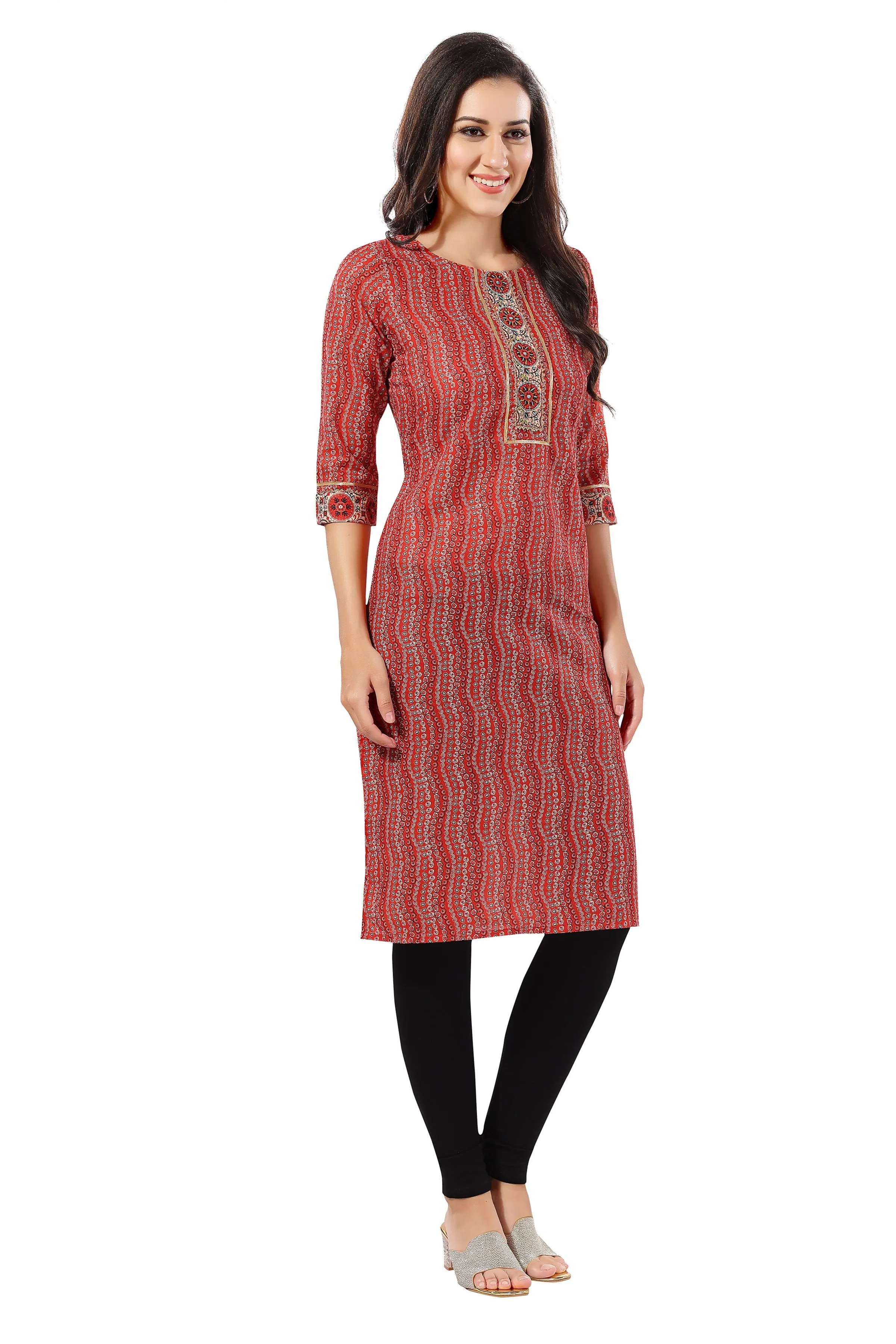 Elevate Your Workwear Style with the Red Cotton Printed Long Tunic (D1098)