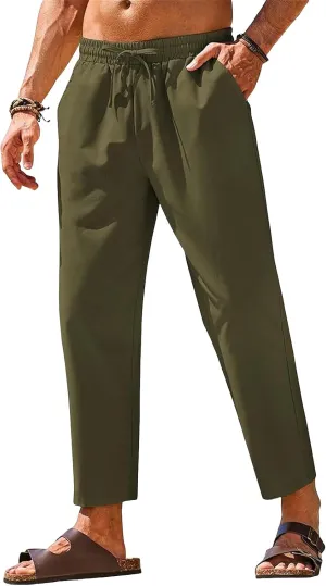 evzosrz Casual Beach Pants for Men Cotton Linen Summer Fashion Lightweight Yoga Trousers Drawstring Elastic Waist Lounge Pant
