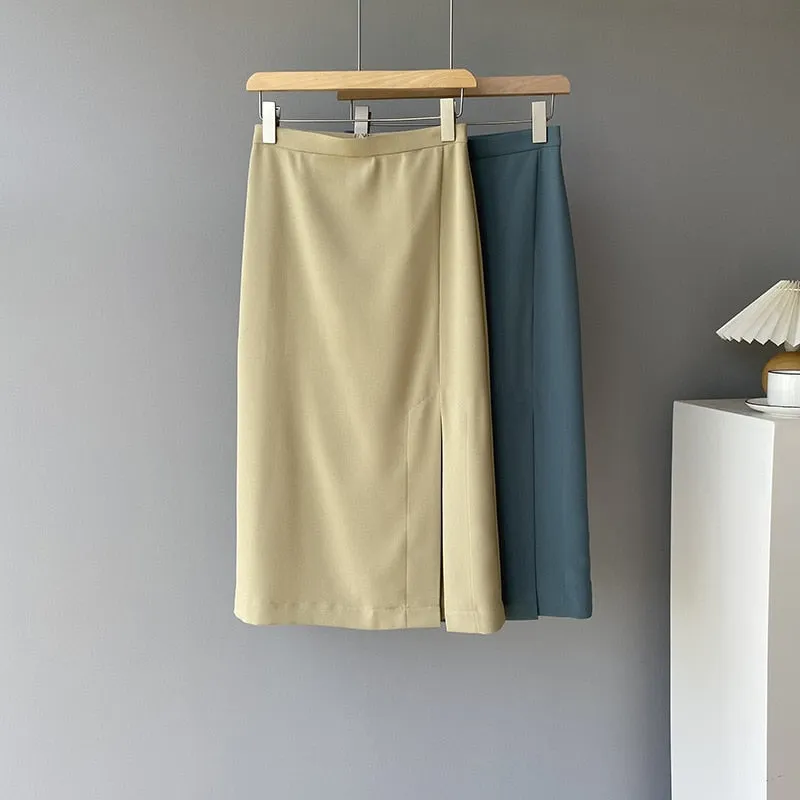 [Korean Style] Collarless Single Button Short Sleeve Blazer Front Slit Skirt