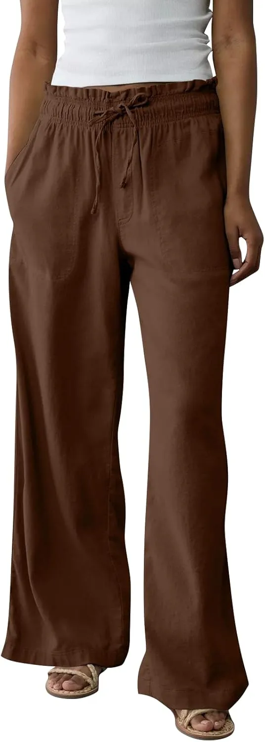Linen Pants Women Summer Drawstring Elastic Waist Pants Straight Leg Comfy Flowy Cotton Linen Beach Palazzo Trousers
