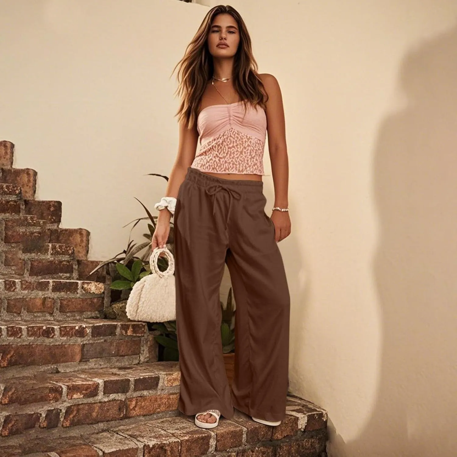Linen Pants Women Summer Drawstring Elastic Waist Pants Straight Leg Comfy Flowy Cotton Linen Beach Palazzo Trousers