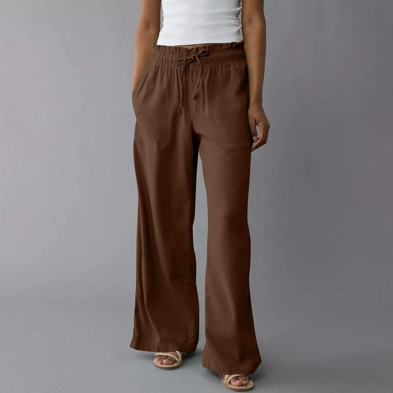 Linen Pants Women Summer Drawstring Elastic Waist Pants Straight Leg Comfy Flowy Cotton Linen Beach Palazzo Trousers