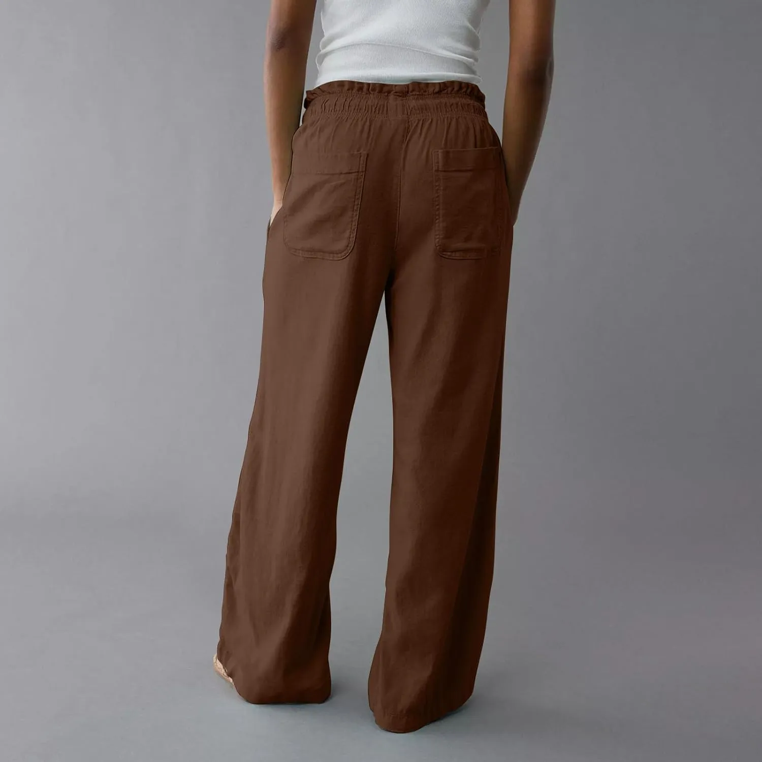 Linen Pants Women Summer Drawstring Elastic Waist Pants Straight Leg Comfy Flowy Cotton Linen Beach Palazzo Trousers