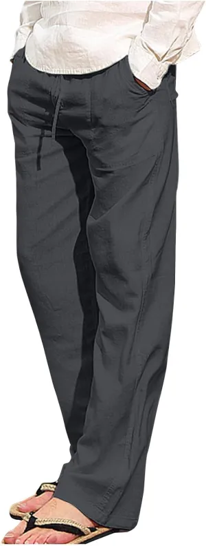 Mens Casual Linen Pants Drawstring Elastic Waist Summer Beach Pants Yoga Workout Trousers with Pockets