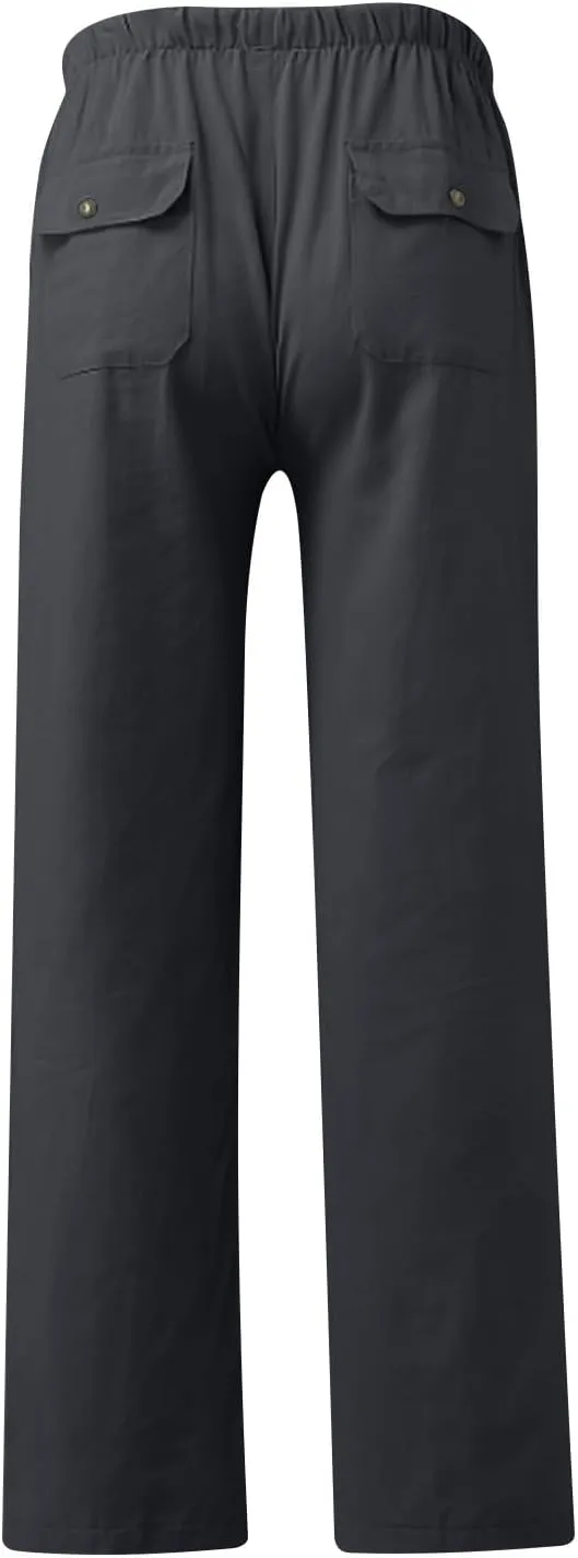 Mens Casual Linen Pants Drawstring Elastic Waist Summer Beach Pants Yoga Workout Trousers with Pockets