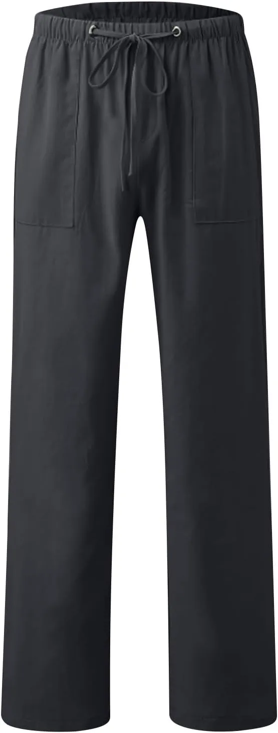 Mens Casual Linen Pants Drawstring Elastic Waist Summer Beach Pants Yoga Workout Trousers with Pockets