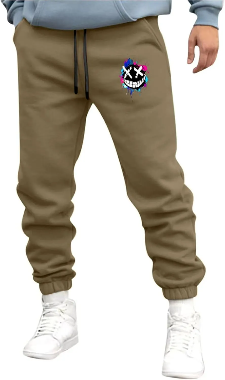 Men's Joggers Sweatpants Smiley Face Print Sweat Pants Fleece Jogger Athletic Trousers with Pockets