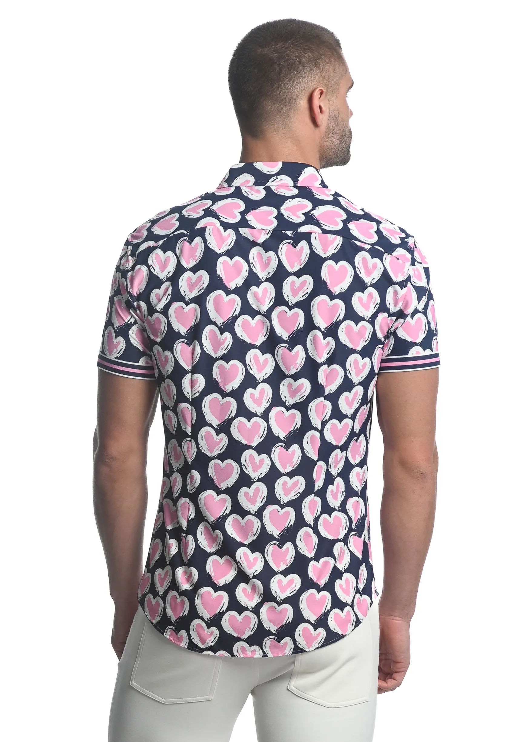 NAVY/ BLUSH HEARTS PRINTED SHORT SLEEVE PERFORMANCE SHIRT ST-26001