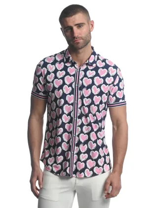 NAVY/ BLUSH HEARTS PRINTED SHORT SLEEVE PERFORMANCE SHIRT ST-26001