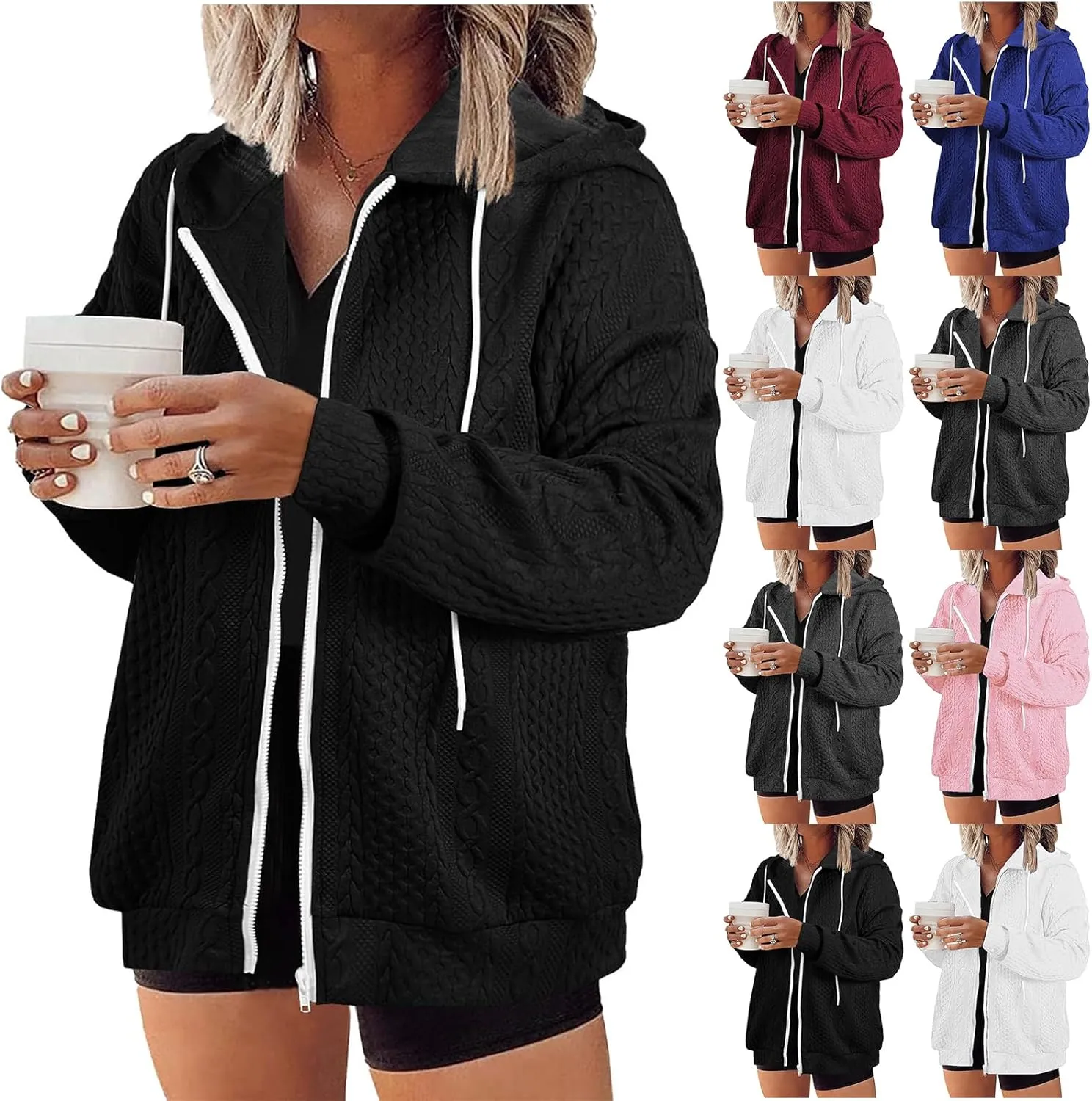 Women Hoodies Zip Up Casual Sweatshirt Long Sleeve Oversized Hoodie Plus Size Fall Jacket Coat Outfits with Pockets